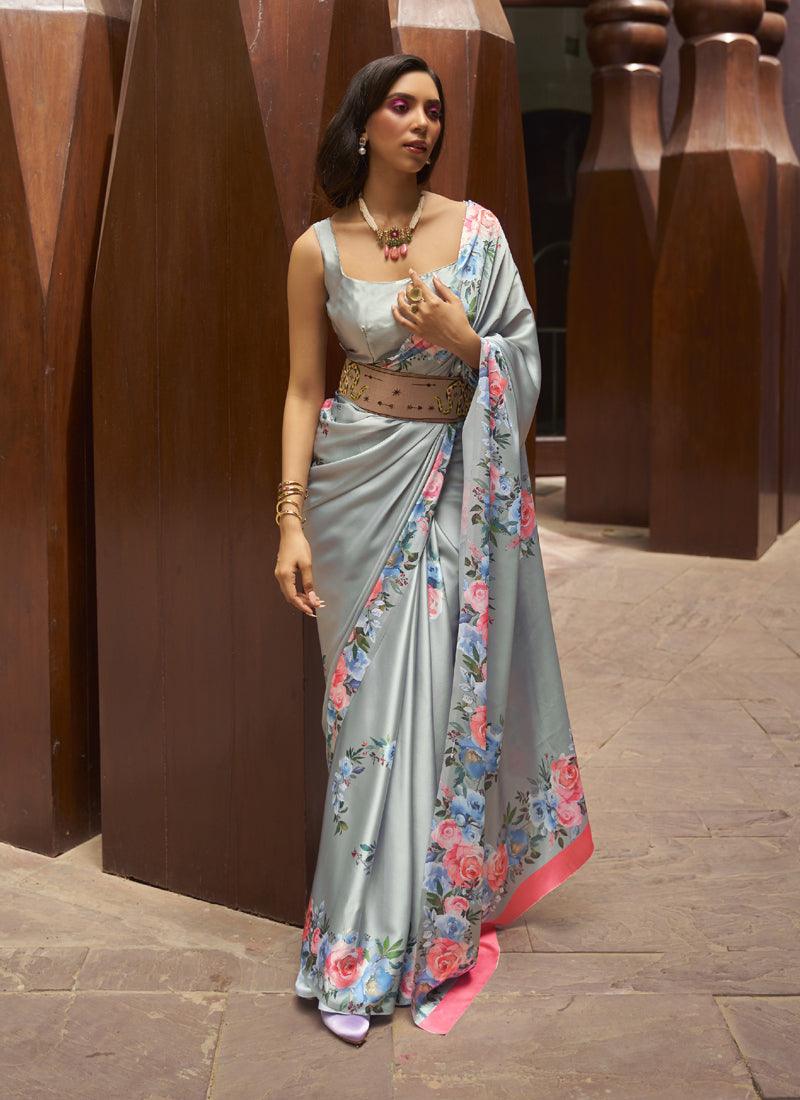 Grey Satin Crepe Floral Saree Cheap Pice Buy Discount