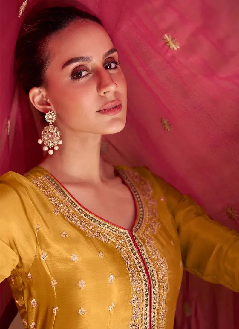 Majestic Mustard Embroidered Chinon Palazzo Suit Cheap Sale With Paypal