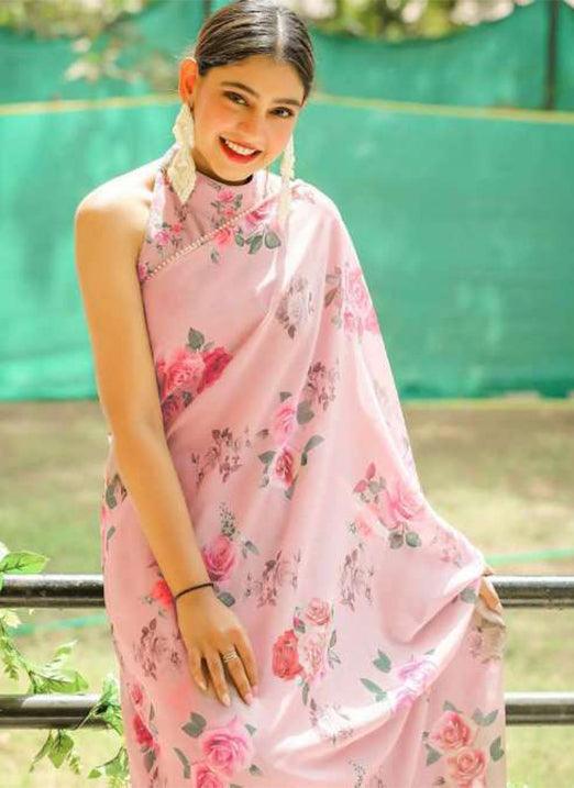 Light Pink Color Georgette Fabric Printed Saree With Laced Border The Cheapest Cheap Online