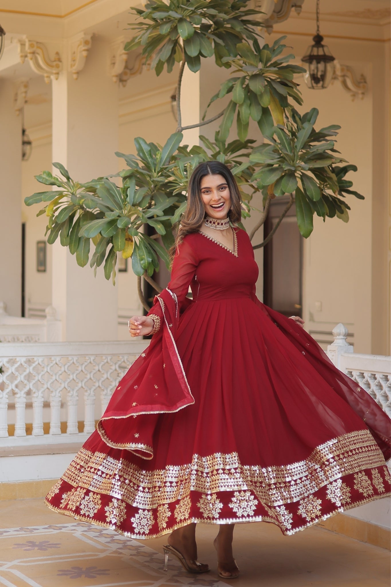 Maroon Georgette Embroidered Gown with dupatta Nicekicks