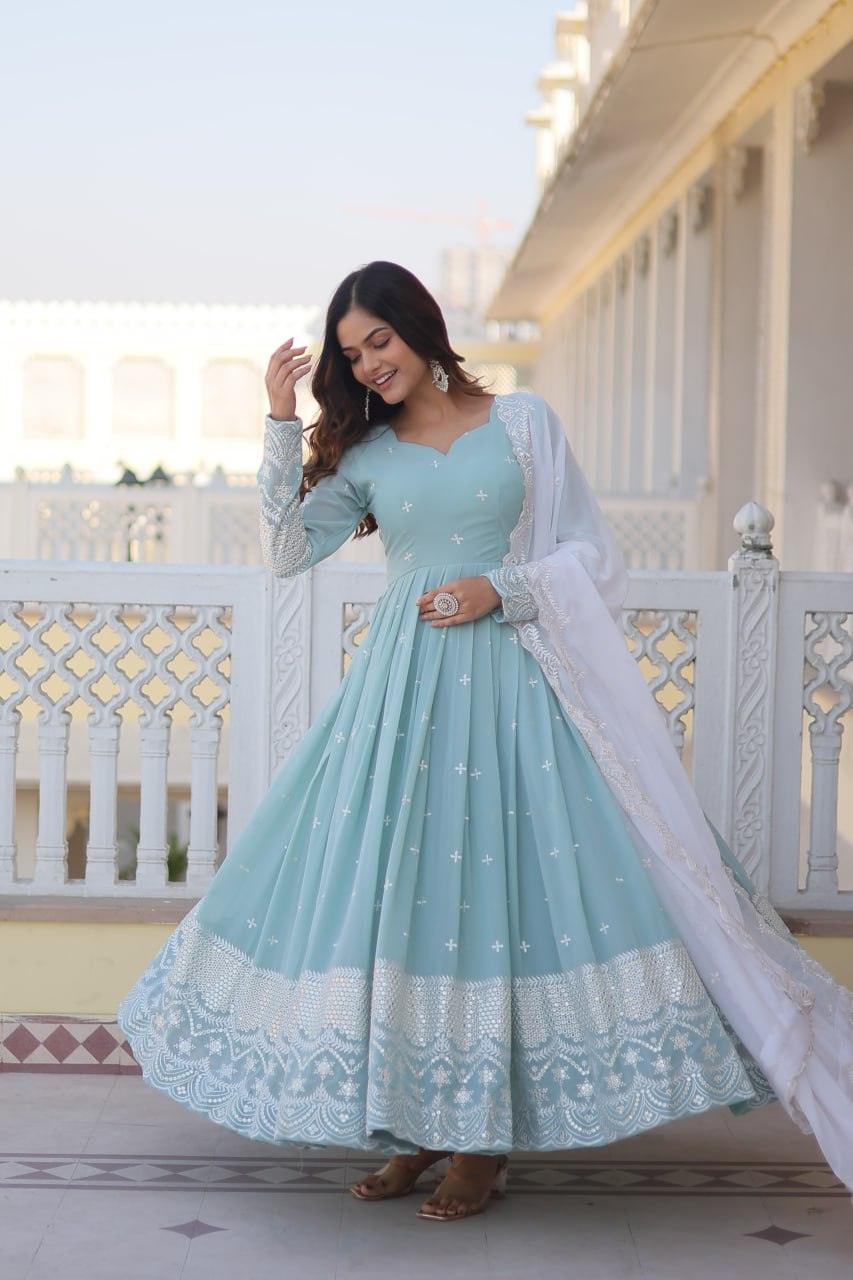 Sky Blue Faux Georgette Thread Sequins Embroidered Gown Cheap Sale Latest Collections