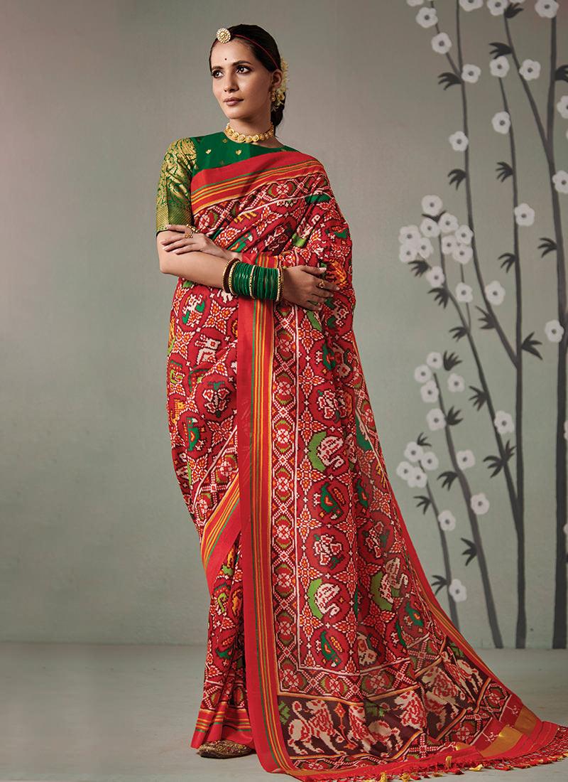 Red Patola Silk Saree With Contrast Blouse Sale Amazon