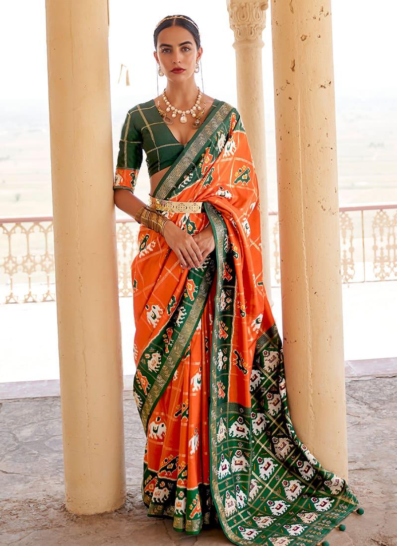 Orange Patola Saree With Deep V-Neck Blouse Tumblr Cheap Online