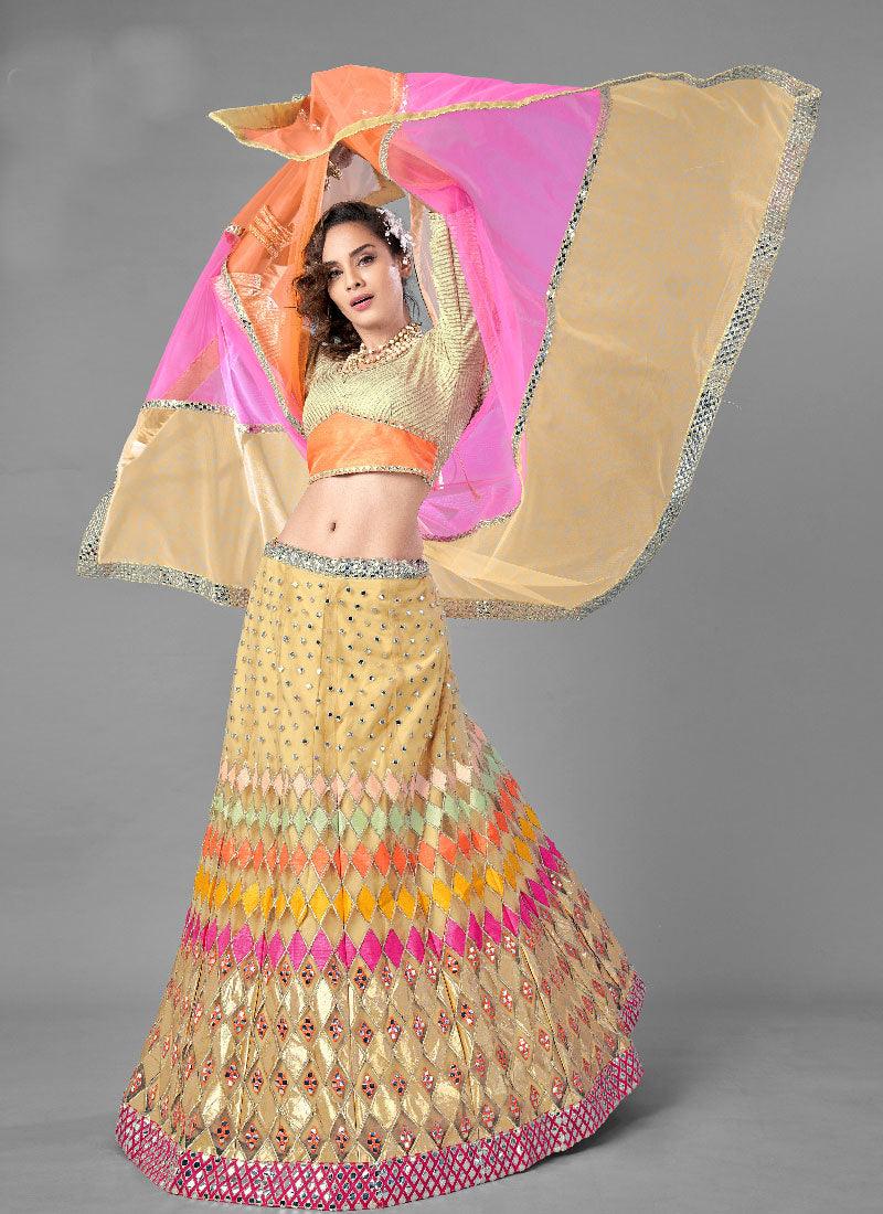 Beige Color Soft Net Base Flared Lehenga With Heavy Work Choli Clearance Sast