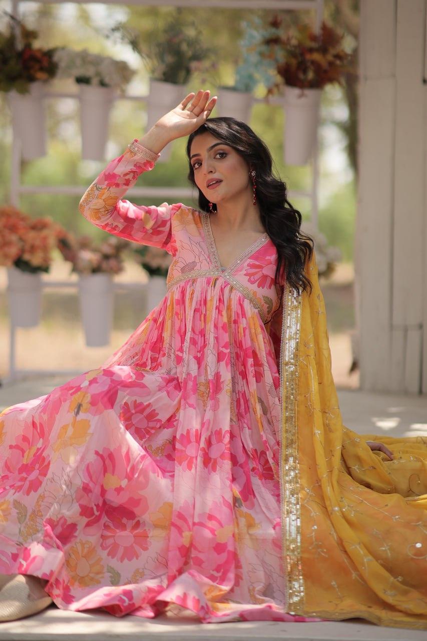 Amazing Russian Silk Floral Digital Printed Gown With Dupatta View For Sale