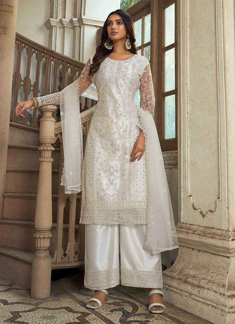 White Soft Net Fabric Palazzo Suit Discount Newest