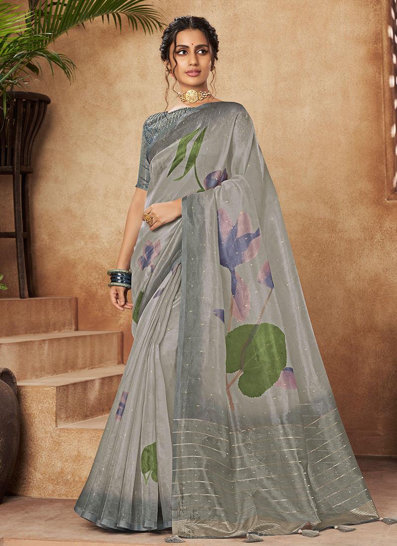 Organza Base Printed Grey Floral Saree Sale Reliable