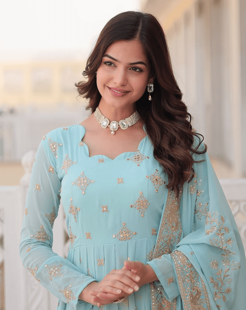 Sky Blue Georgette Gown with Dupatta Amazing Pice Cheap Online