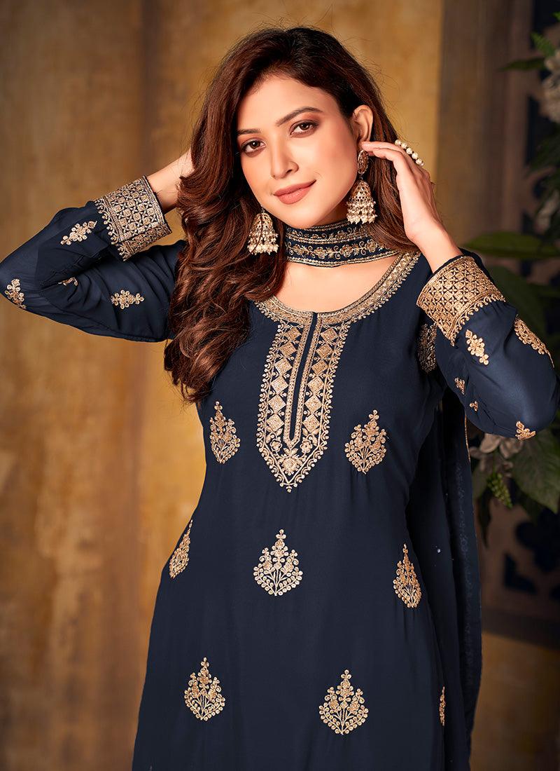 Dark Blue Color Georgette Base Embroidered Palazzo Suit With Sequins Work Footlocker Pictures Cheap Online