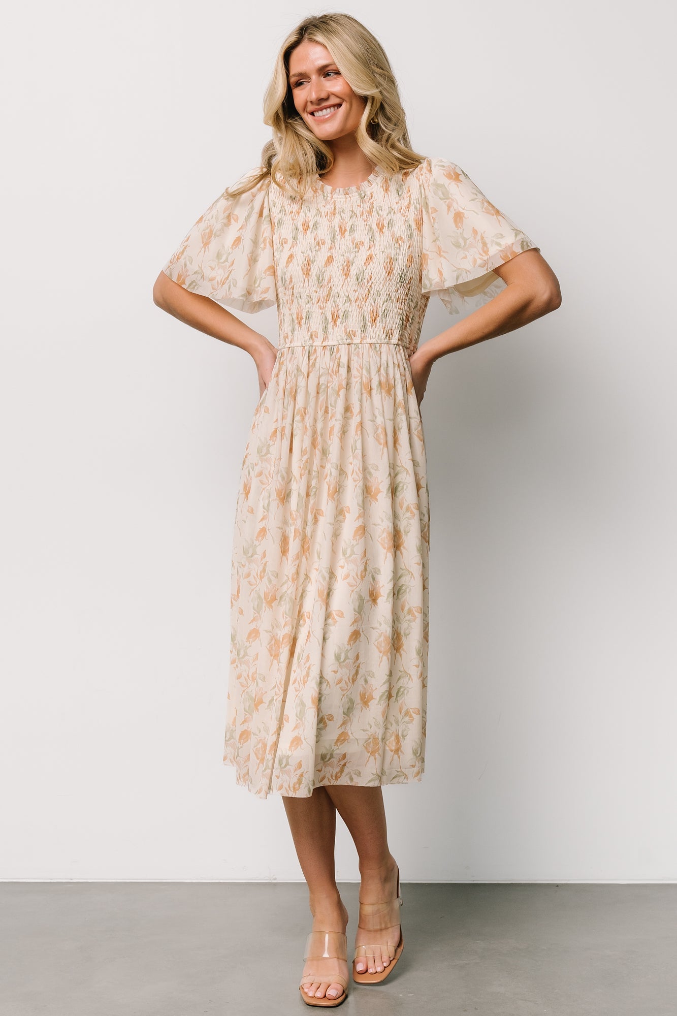 Bailey Smocked Midi Dress | Ivory + Golden Floral Tumblr Cheap Pice