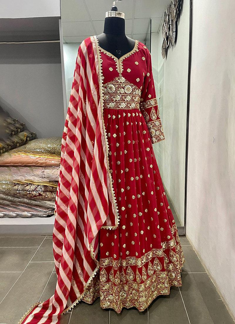 Red Color Georgette Base Sequins And Mirror Work Gown With Printed Dupatta Clearance Amazon