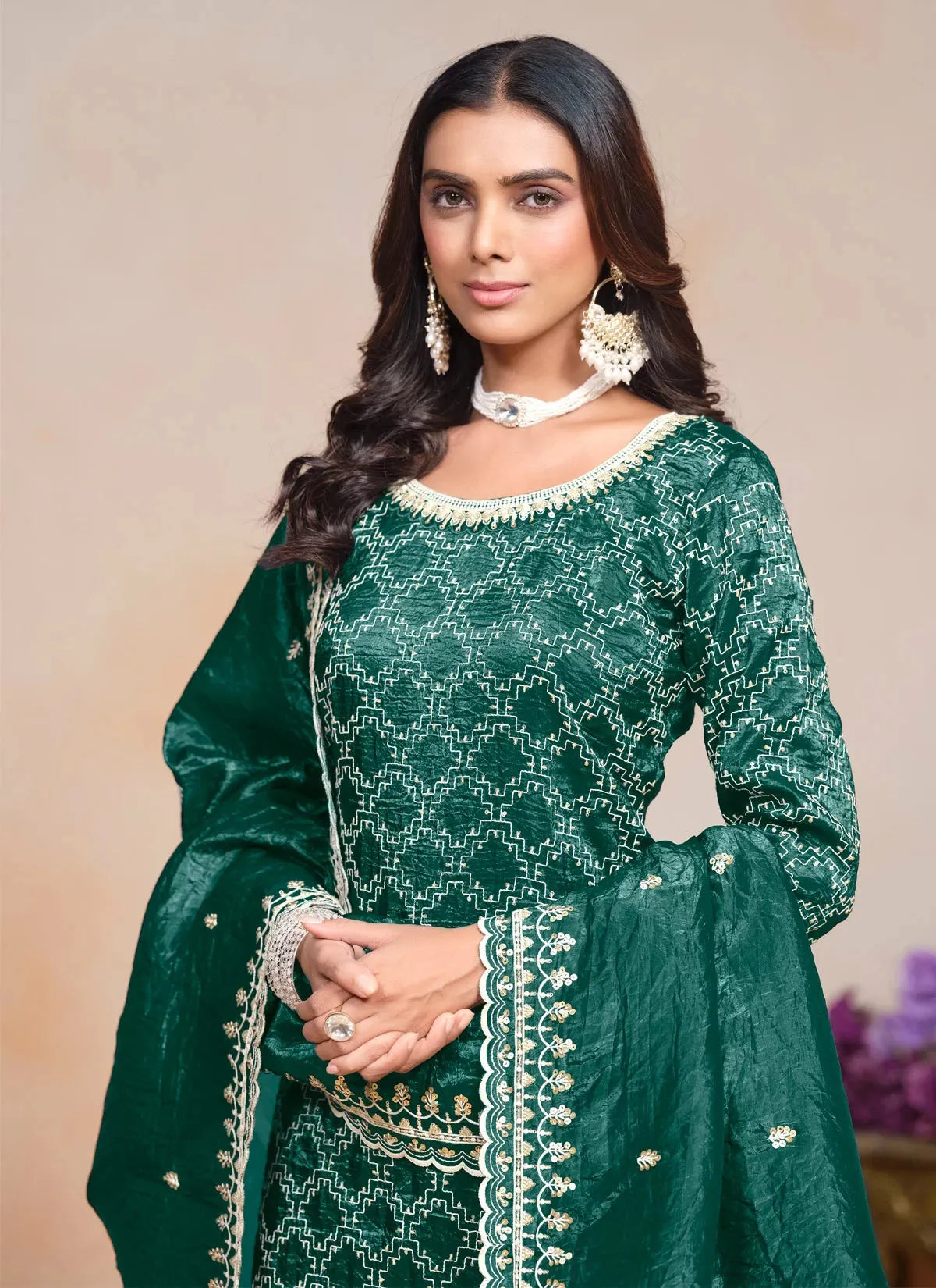 Dazzling Dark Green Crush Embroidered Work Palazzo Suit Cheap Discount Sale