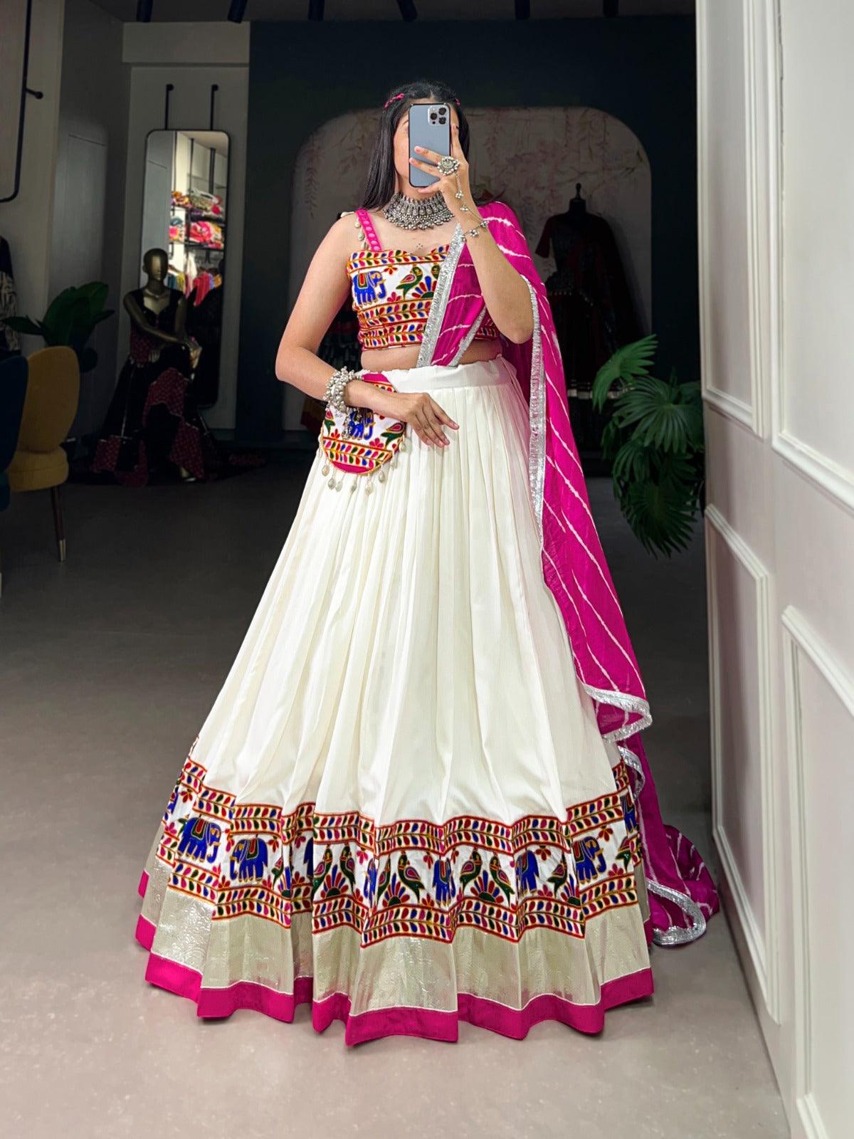 White Pure Rayon Gamthi Worked Navratri Lehenga Choli Set Best Pices Sale Online