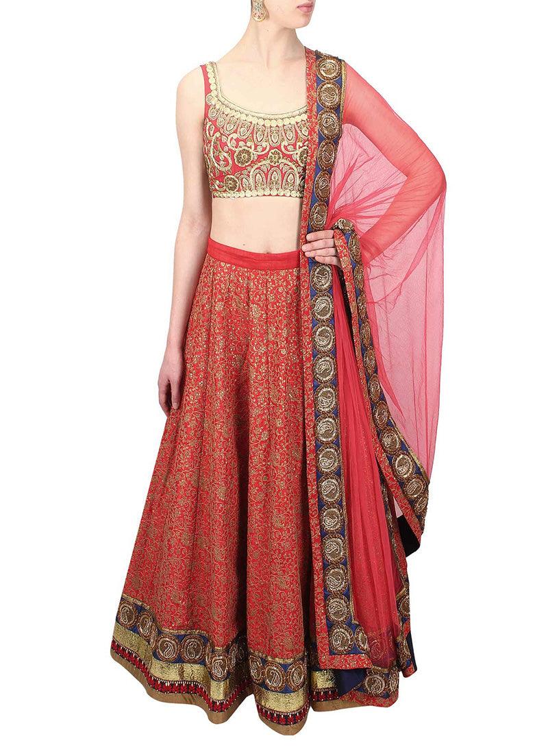 Coral Red Color Embroidered Lehenga Choli With Sleeveless Blouse Free Shipping Fashion Style