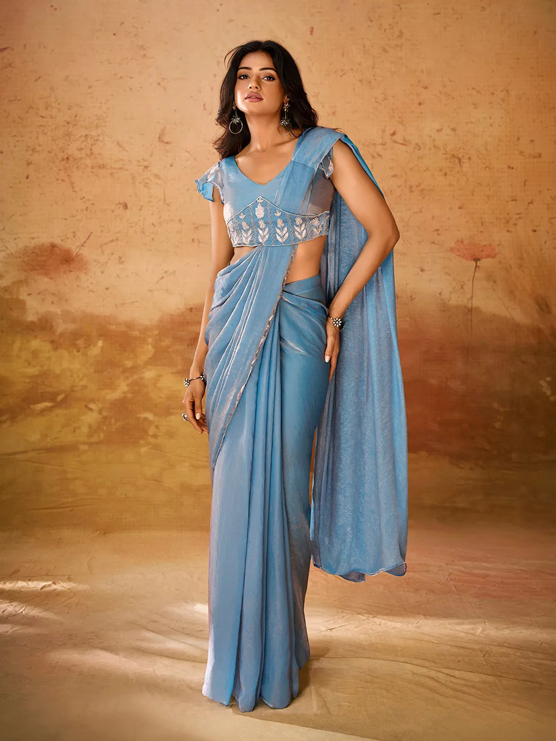 Turquoise Organza Handworked Designer Ready To Wear Saree Store With Big Discount