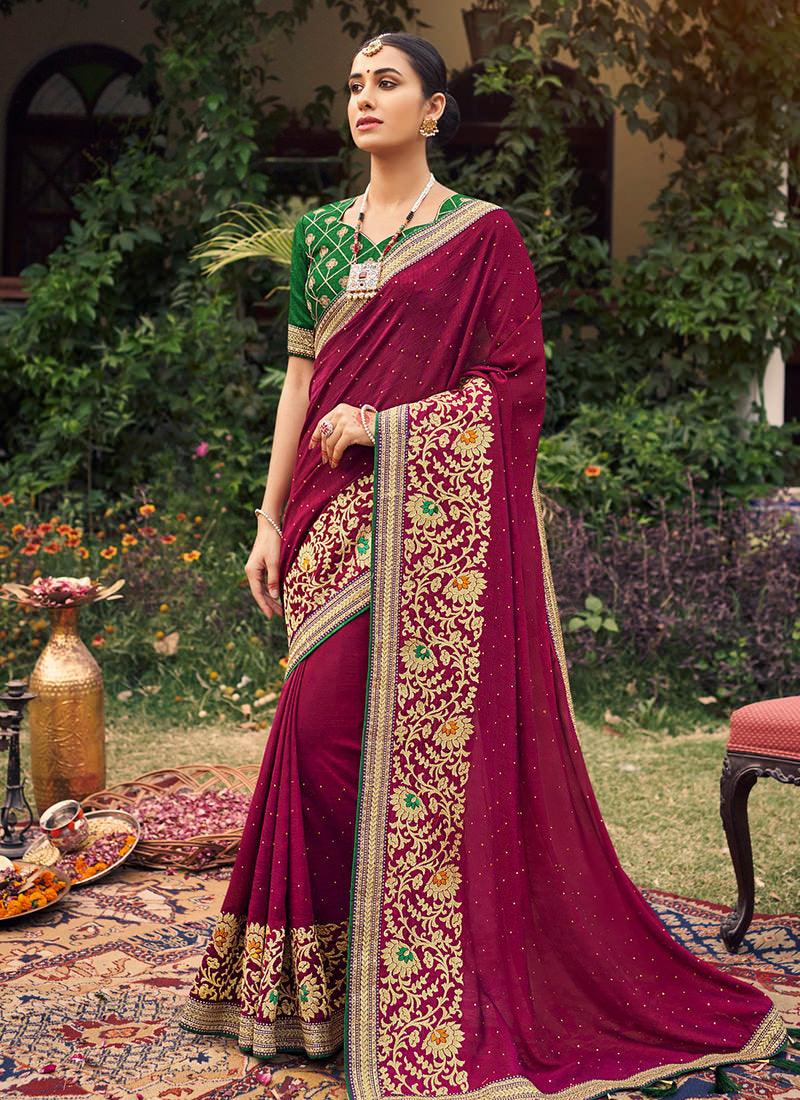 Wine Color Embroidered Traditional Saree Genuine For Sale