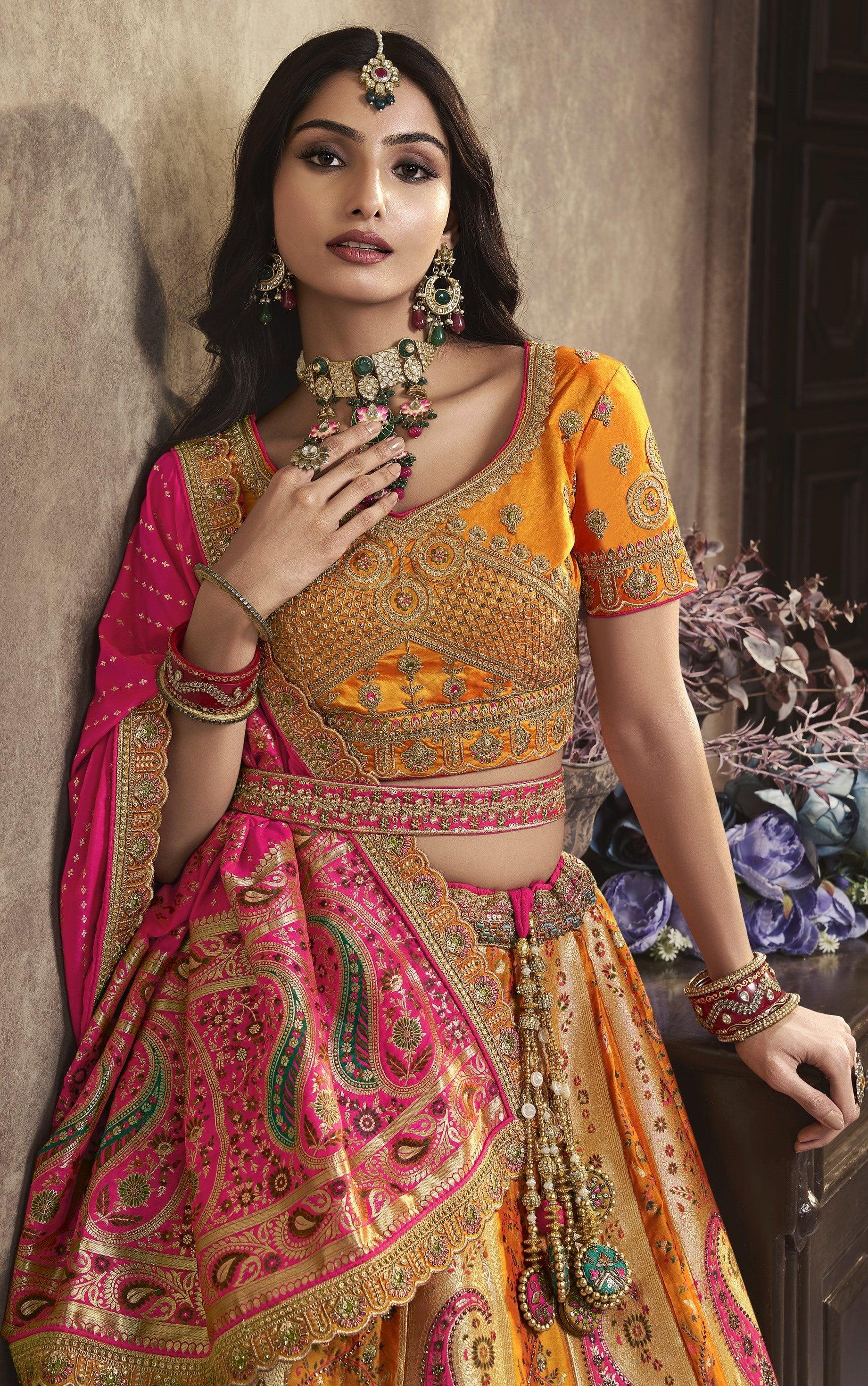 Orange Pink Banarasi Silk Wedding Lehenga Choli Professional Cheap Pice