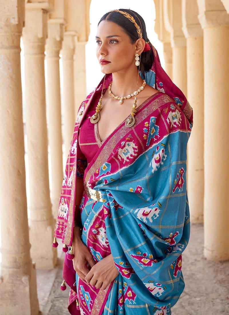 Plunging Neck Sky Blue Patola Saree Free Shipping