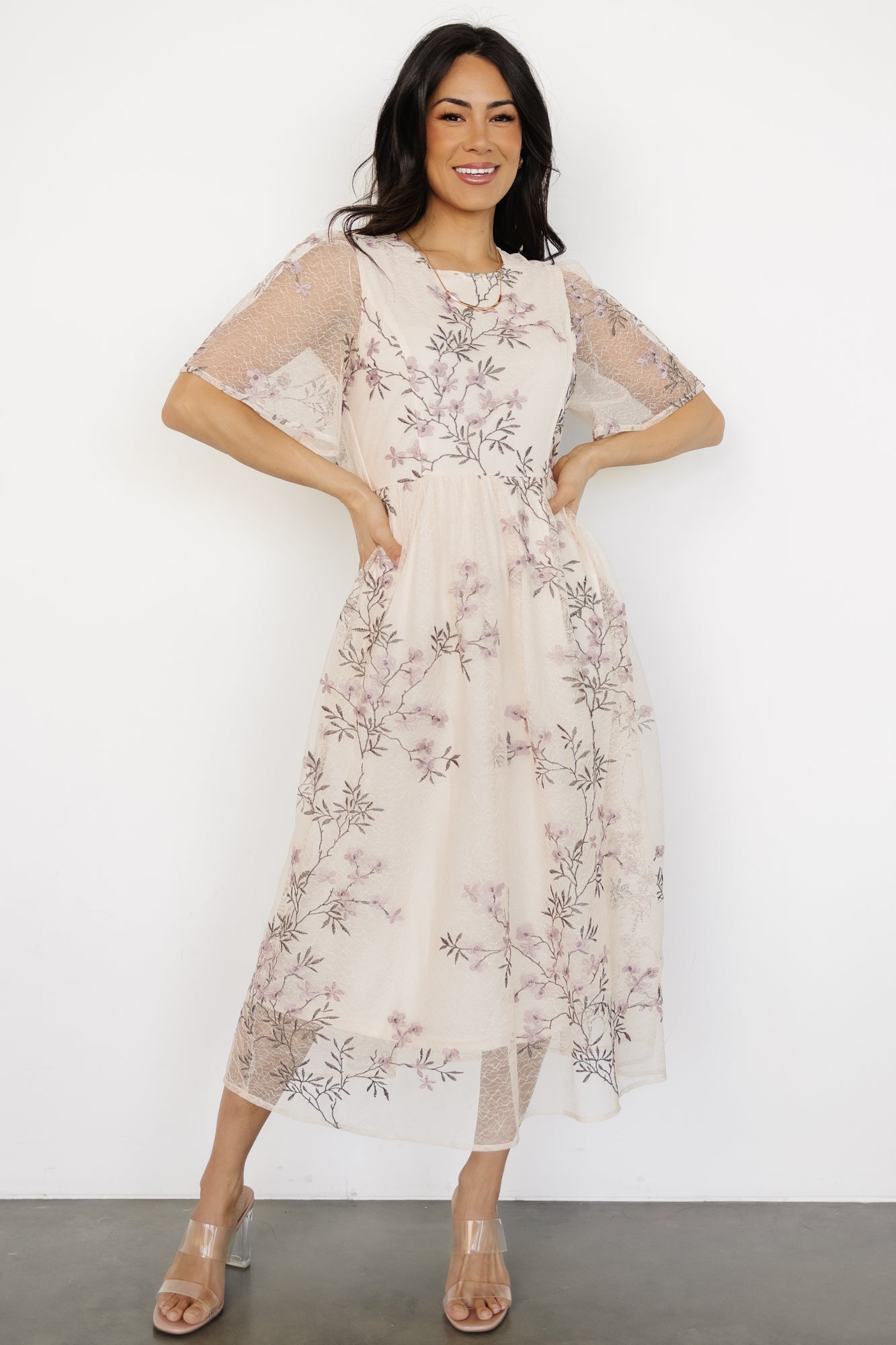 Ashlee Embroidered Midi Dress | Cream + Lavender Floral Newest Online