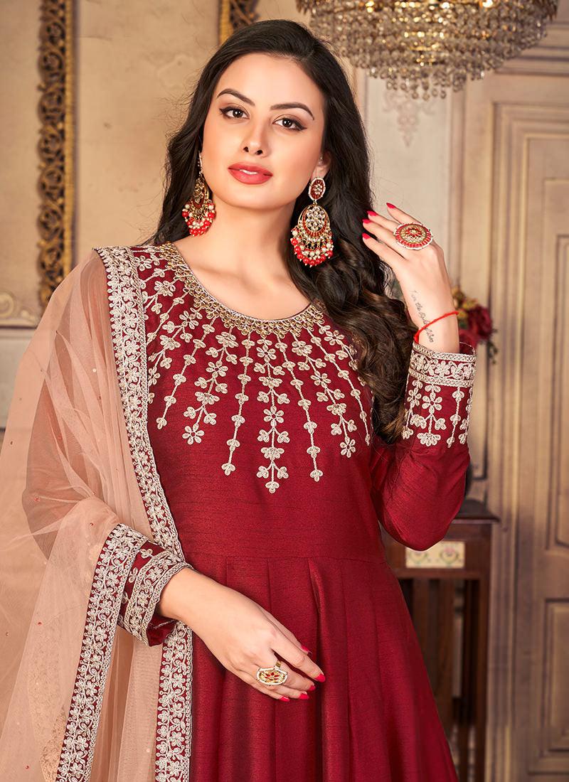 Art Silk Maroon Embroidered Gown Sale Top Quality