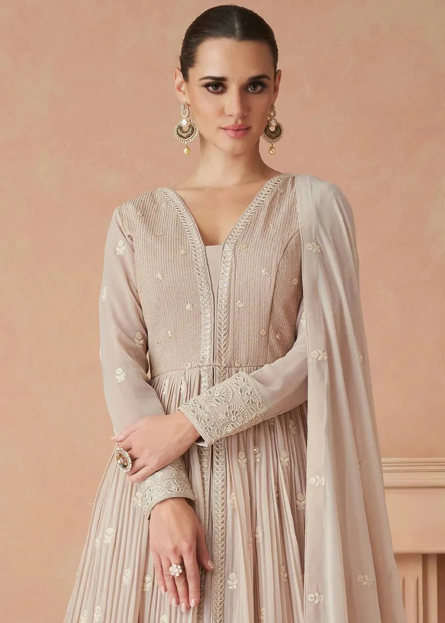 Blazing Beige Embroidered Faux Georgette Anarkali Suit Sale Fake