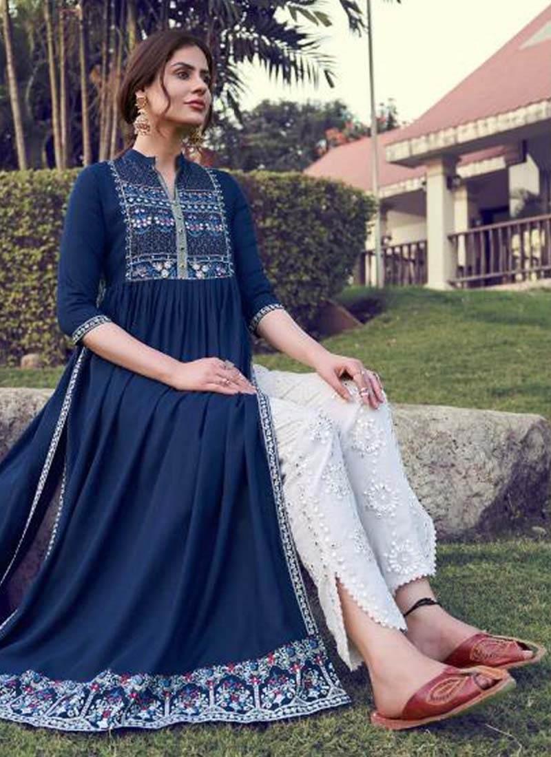 Thread Work Art Silk Base Navy Blue Color Lucknowi Style Salwar Suit Discount Authentic Online