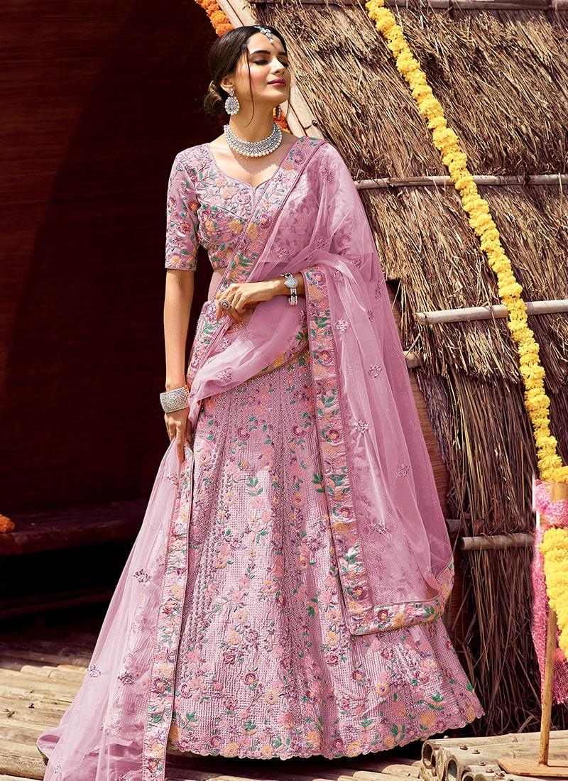 Pink Color Satin Material Heavy Work Lehenga With Net Dupatta Cheap Fashionable