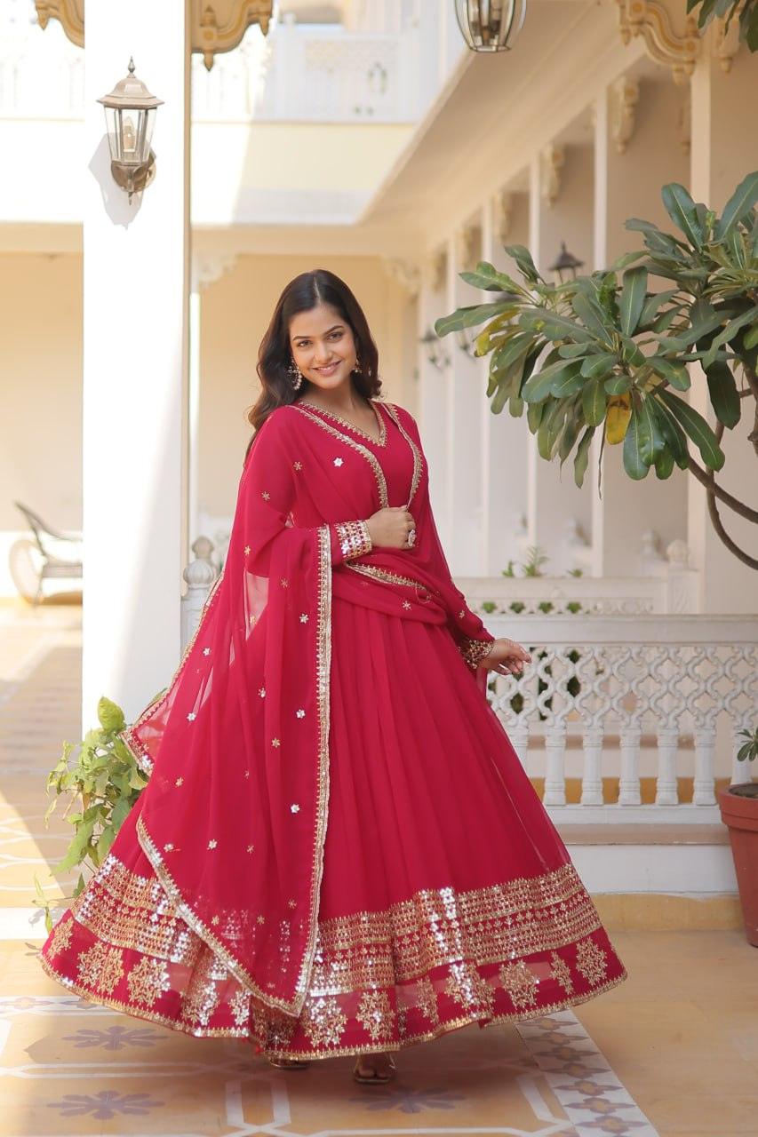 Maroon Georgette Embroidered Gown with dupatta Nicekicks