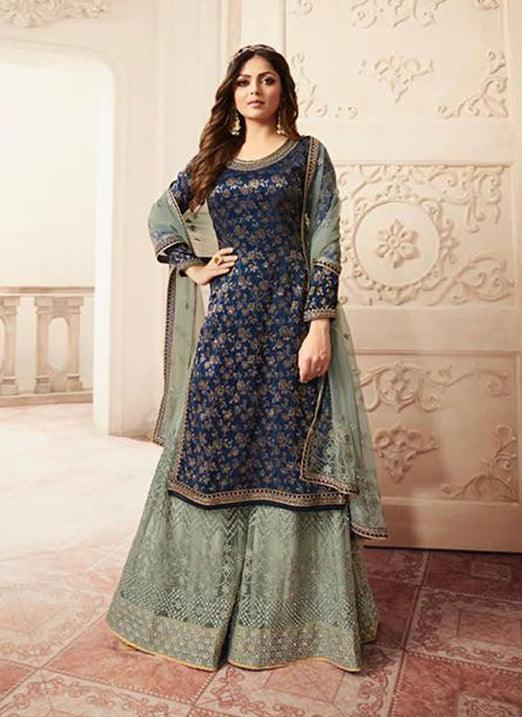 Outstanding Navy Blue Jacquard Silk Base Embroidered Salwar Suit Discount Footaction