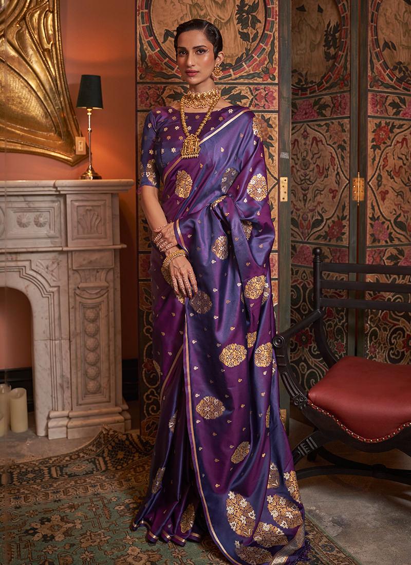 Half Sleeves Silk Weave Purple Saree Free Shipping Deals