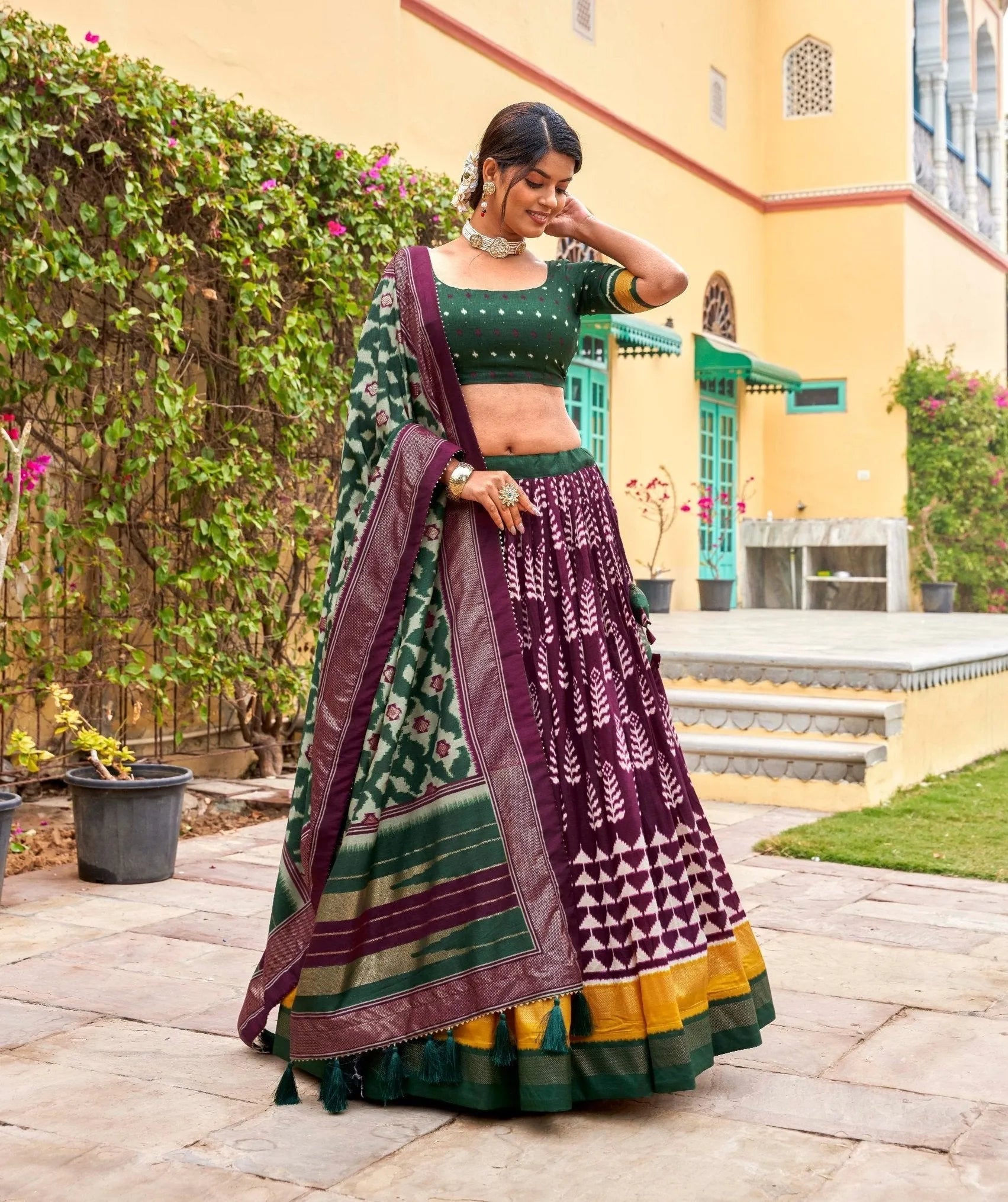 Wonderful Wine Tussar Silk Printed Foil Worked Lehenga Choli Brand New Unisex