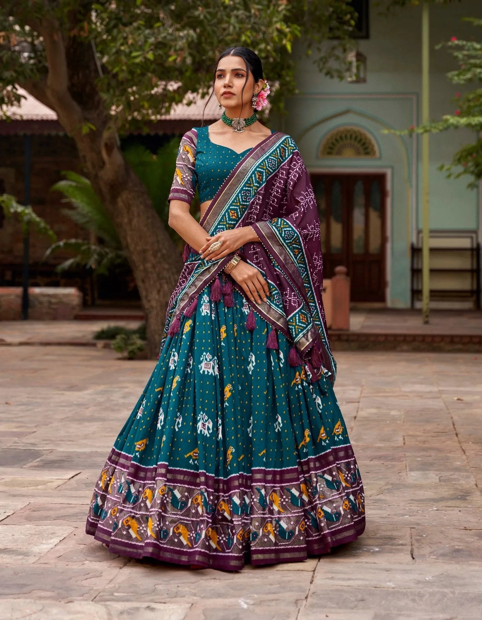 Teal Colored Tussar Silk Patola Printed Foil Worked Lehenga Choli For Sale Free Shipping