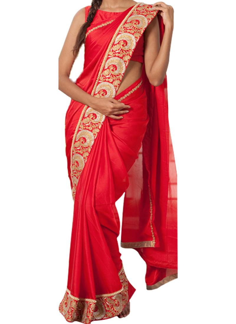 Red Color Georgette Material Zari Work Saree Clearance Good Selling