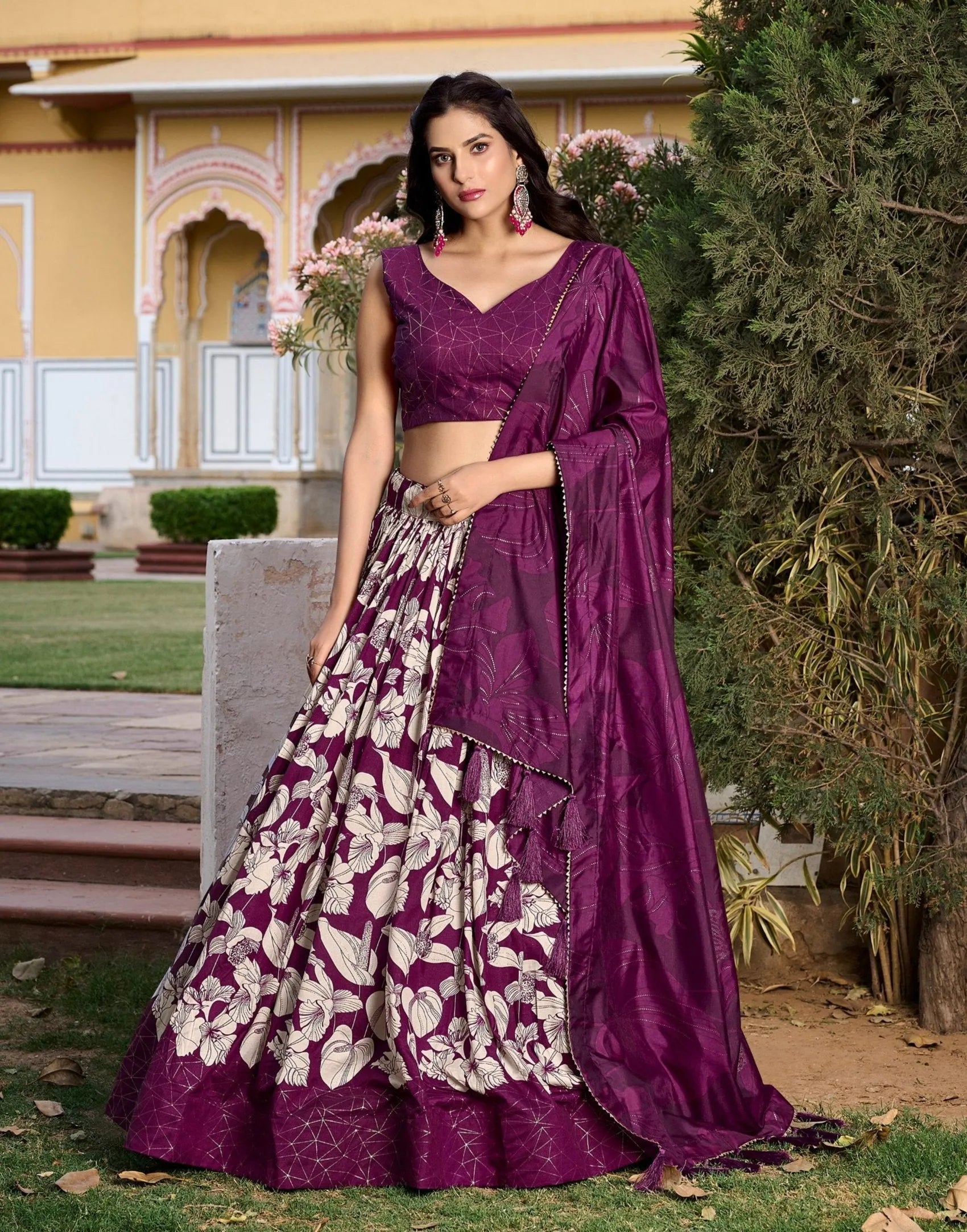 Wonderful Wine Tussar Silk Floral Printed Lehenga Choli Set Best Seller