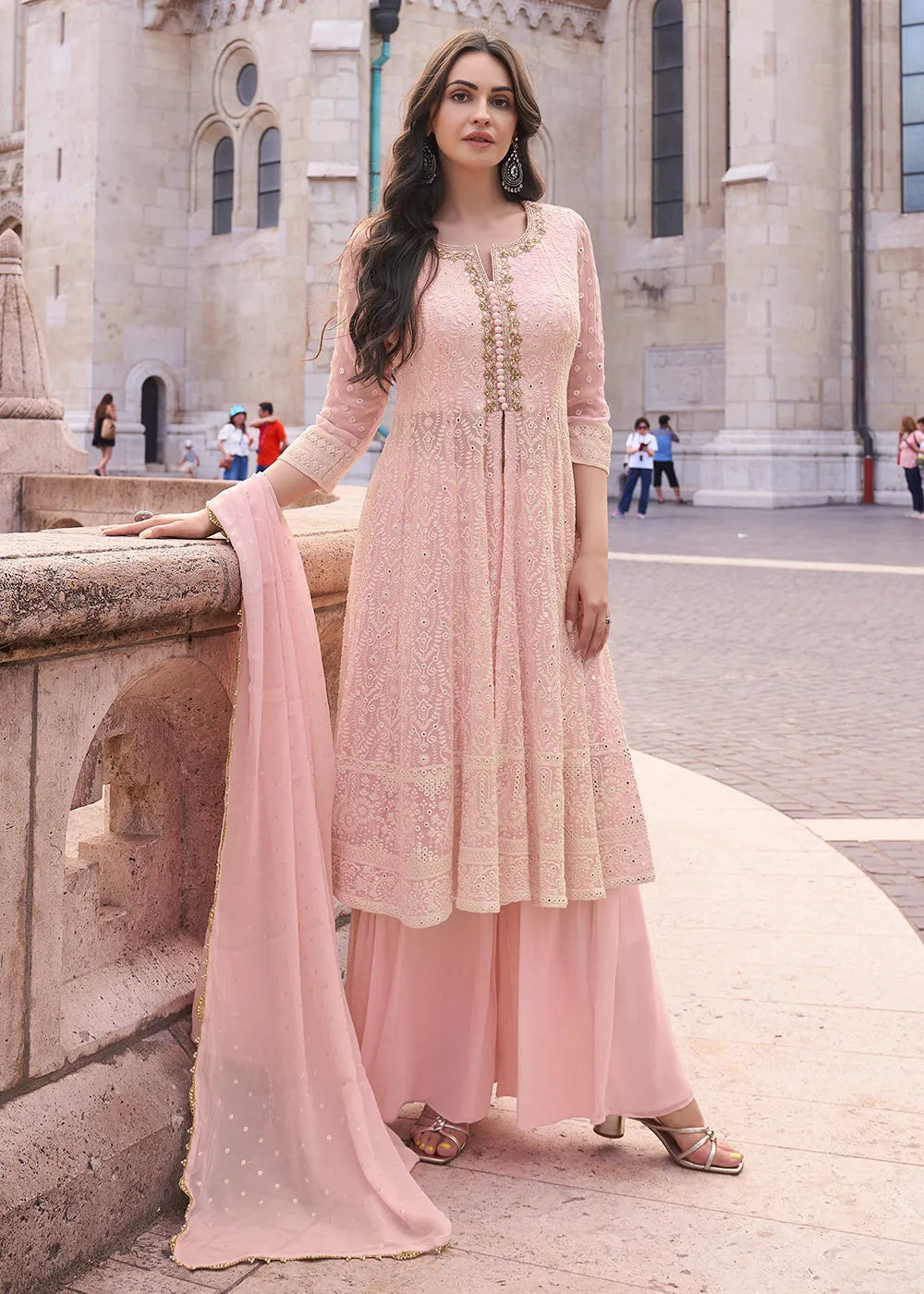 Fabulous Embroidered Light Pink Anarkali Style Sharara Suit Fashionable