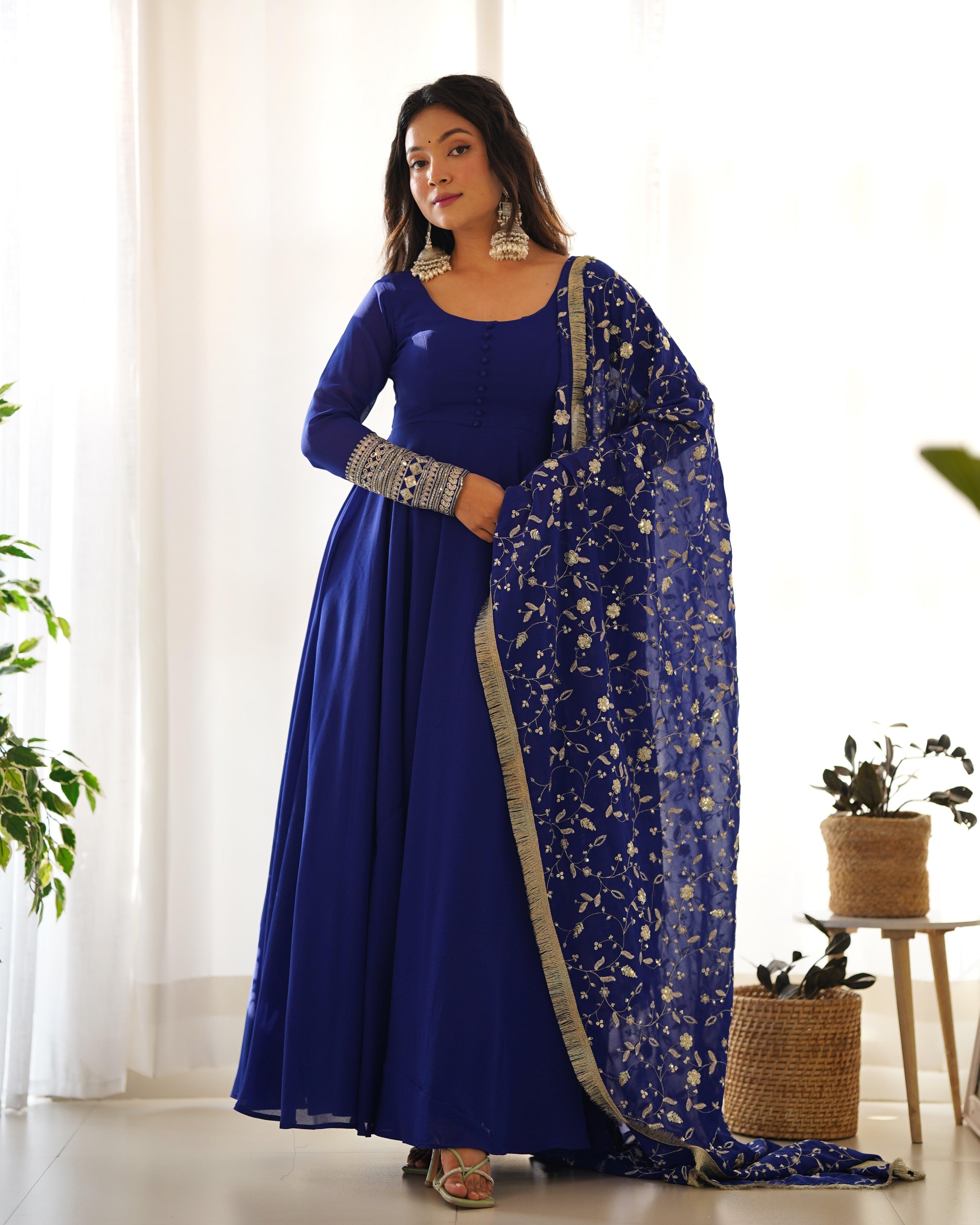 Blue Faux Georgette Anarkali Pant Suit With Sequins Embroidered Dupatta Cheap Wiki