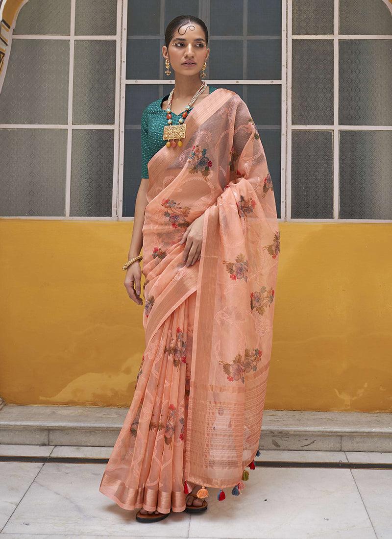 Sweet Heart Neckline Peach Floral Saree Buy Cheap Big Discount