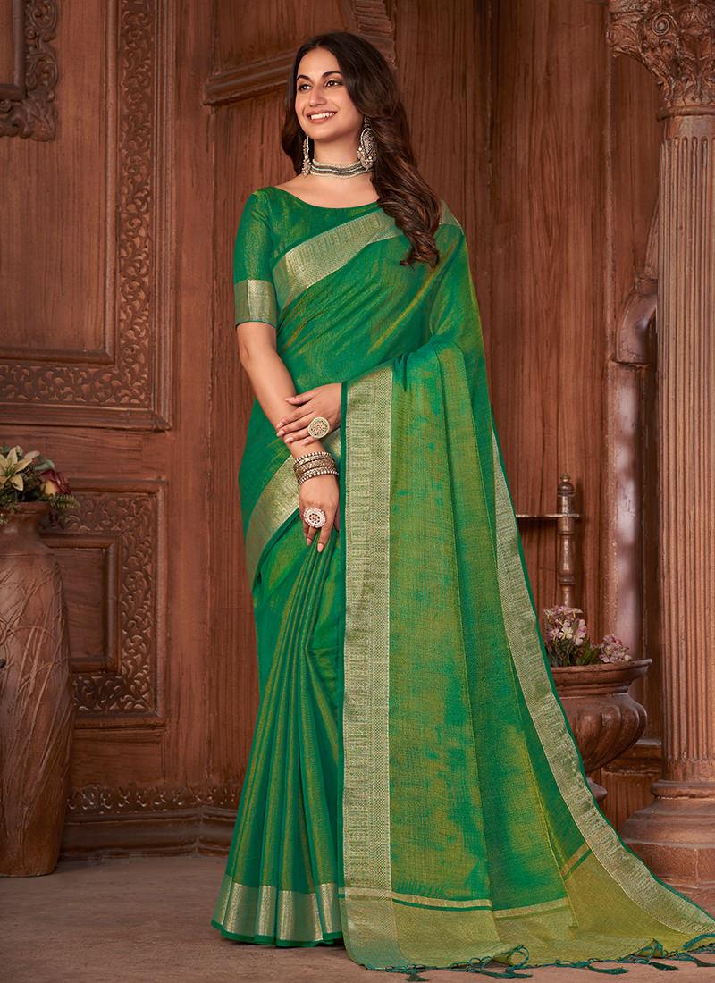 Two Tone Style Forest Green Linen Saree Cheap Sale Manchester