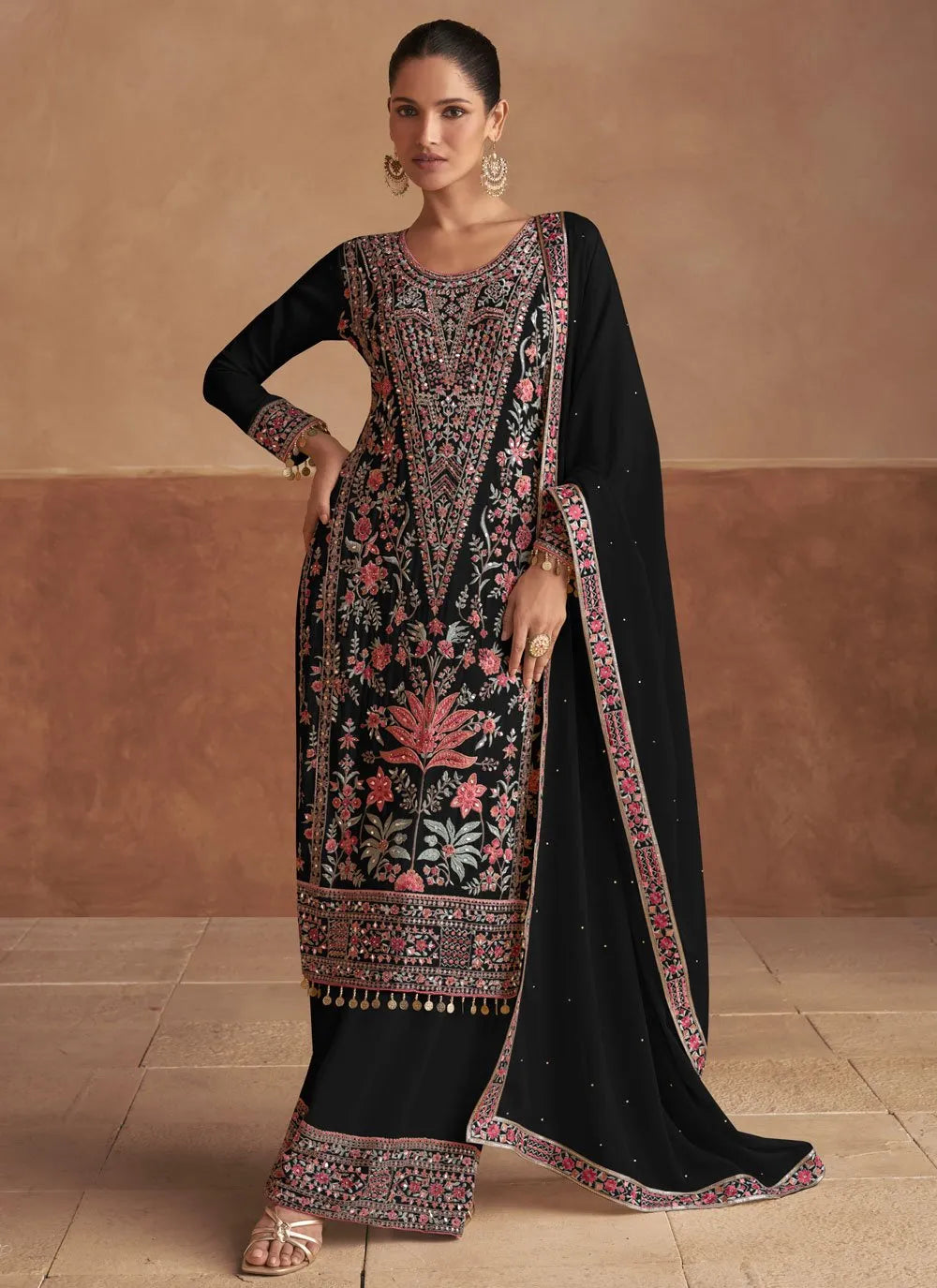 Attractive Chinon Black Embroidered Salwar Kameez Outlet Manchester