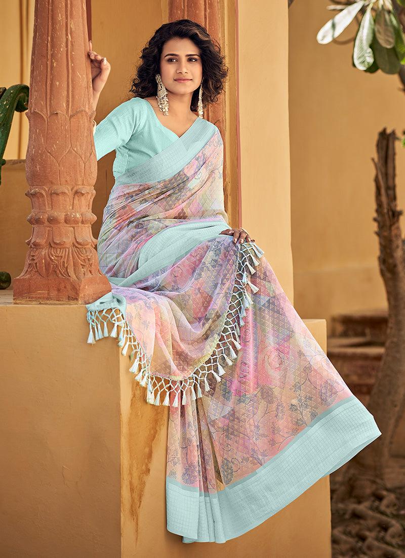 Check Pattern Sweetheart Neck Turquoise Saree Clearance Store Sale Online