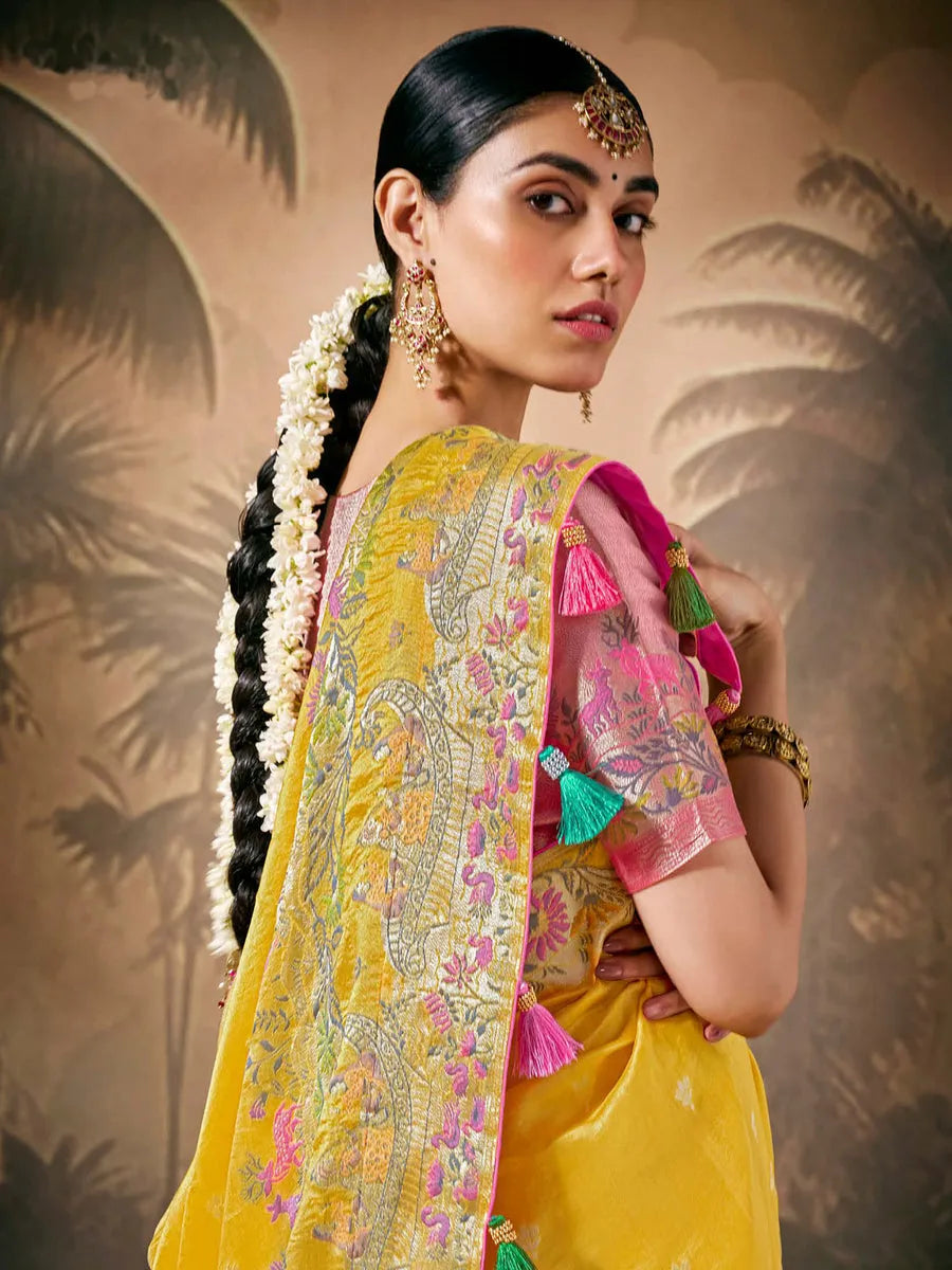 Marvelous Yellow Paithani Banarasi Silk Saree with Floral Motifs Cheap Sale Good Selling