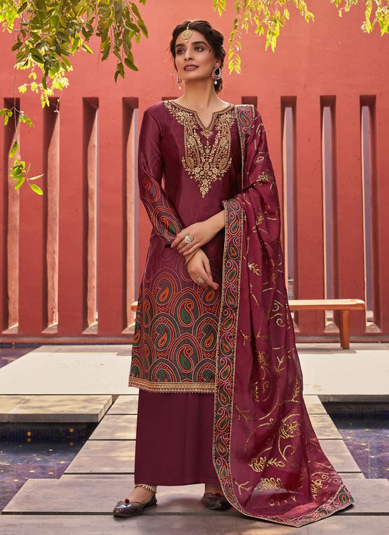 Satin Material Wine Palazzo Salwar Suit With Dupatta Free Shipping Factory Outlet