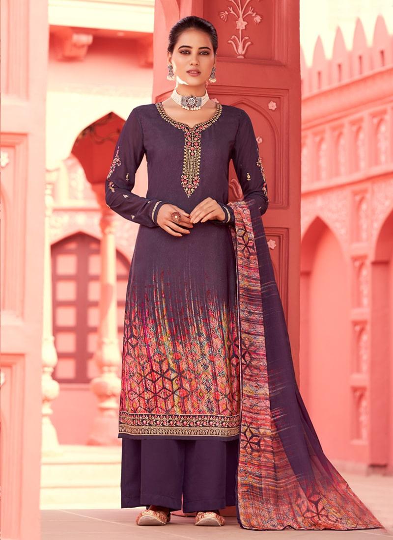 Purple Color Crepe Fabric Printed Palazzo Suit With Chiffon Dupatta Discount Online