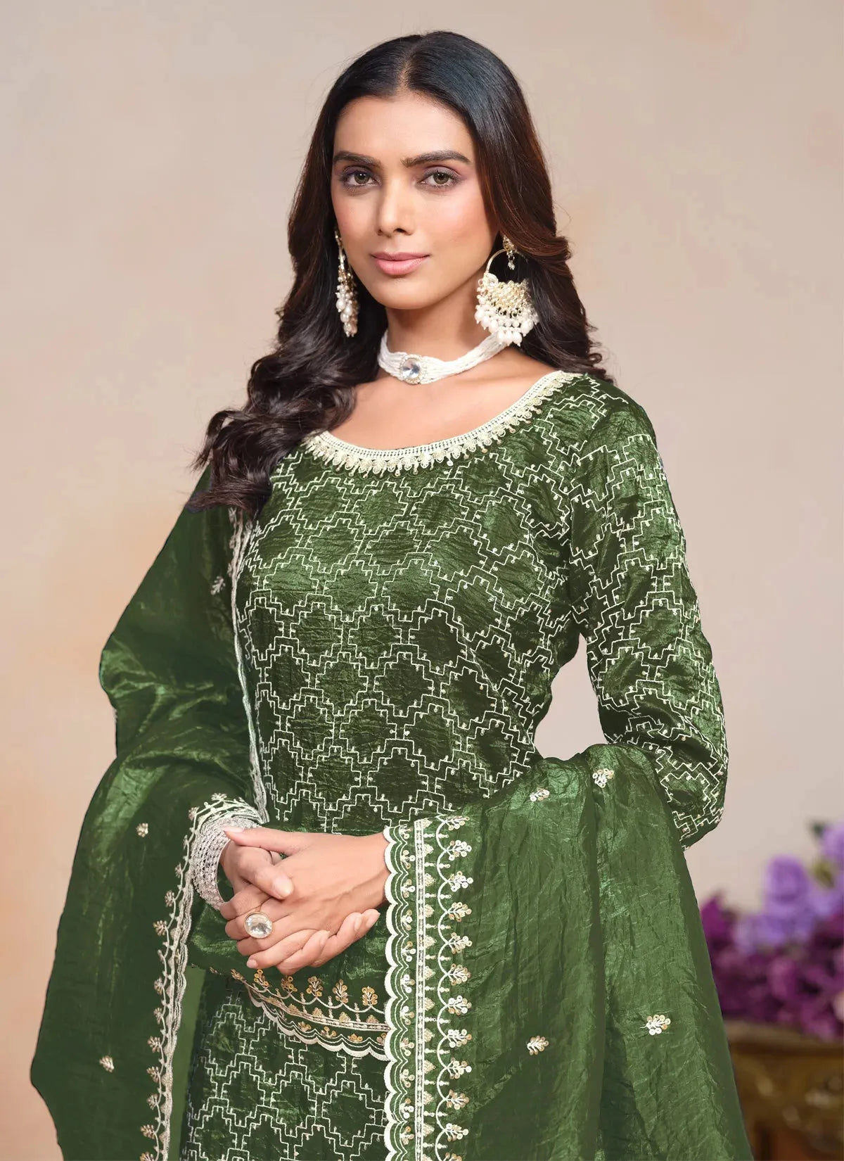 Outstanding Olive Crush Embroidered Work Palazzo Suit Buy Cheap Buy