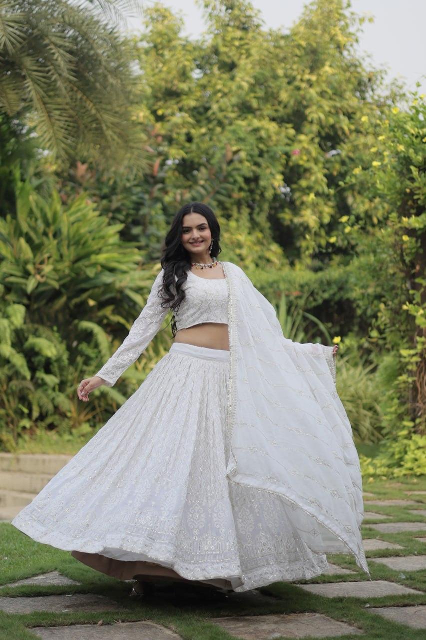 Fascinating White Thread Sequins EmbroideredLehenga Choli Set Sale For Nice