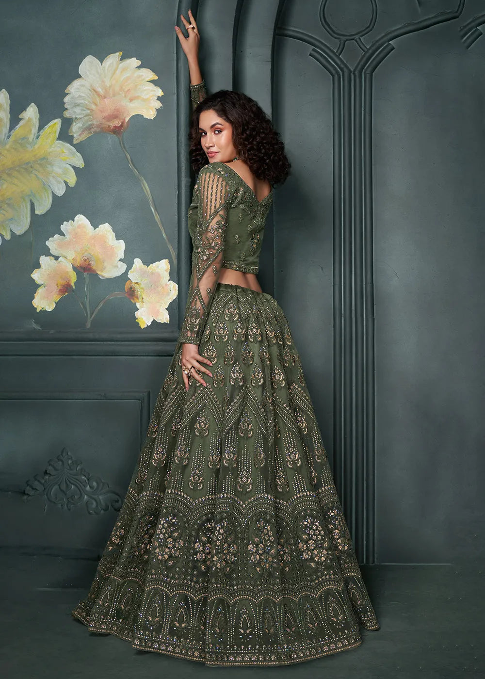 Designer Dark Olive  Beautifully Embroidered Bridal  Lehenga Choli For Cheap Online