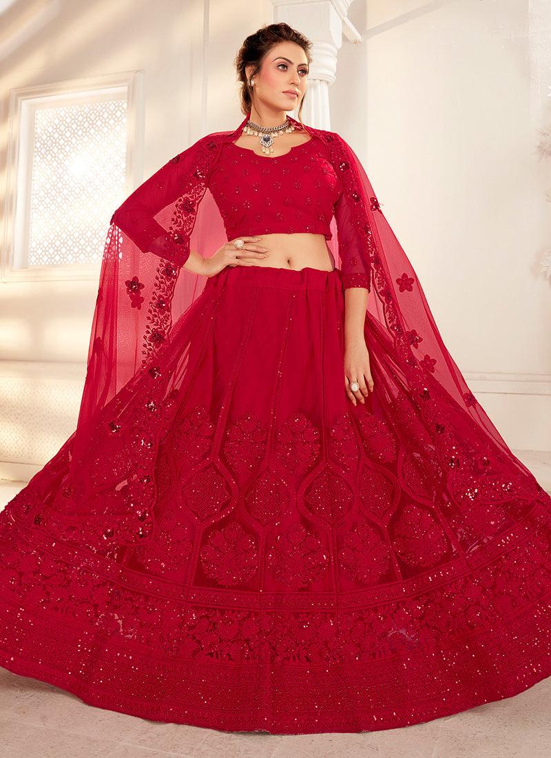 Red Color Admirable Net With Silk Satin Work Wedding Wear Lehenga Choli Cost Cheap Online