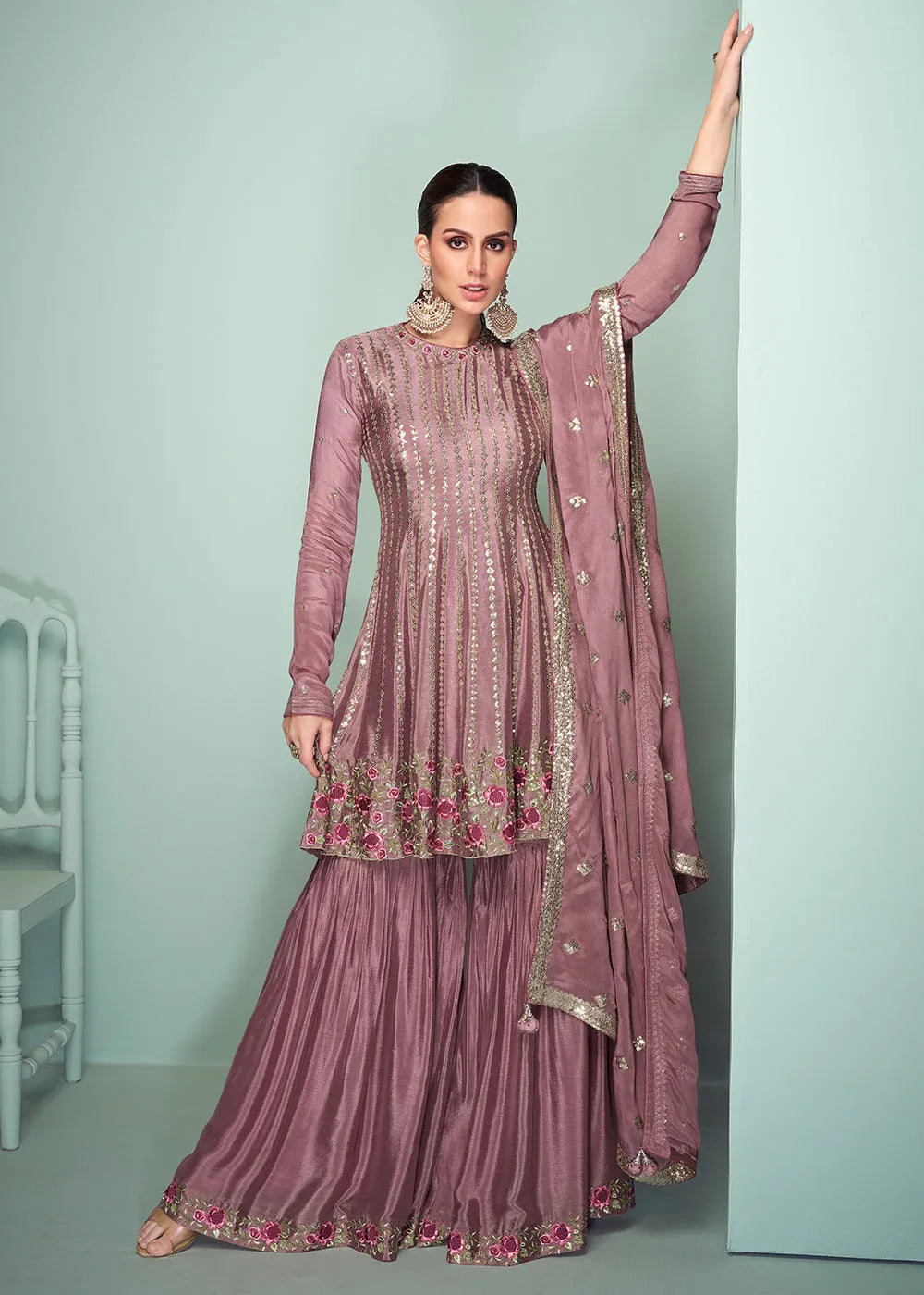 Majestic Mauve Chinon Embroidered Palazzo Suit Outlet With Paypal Order