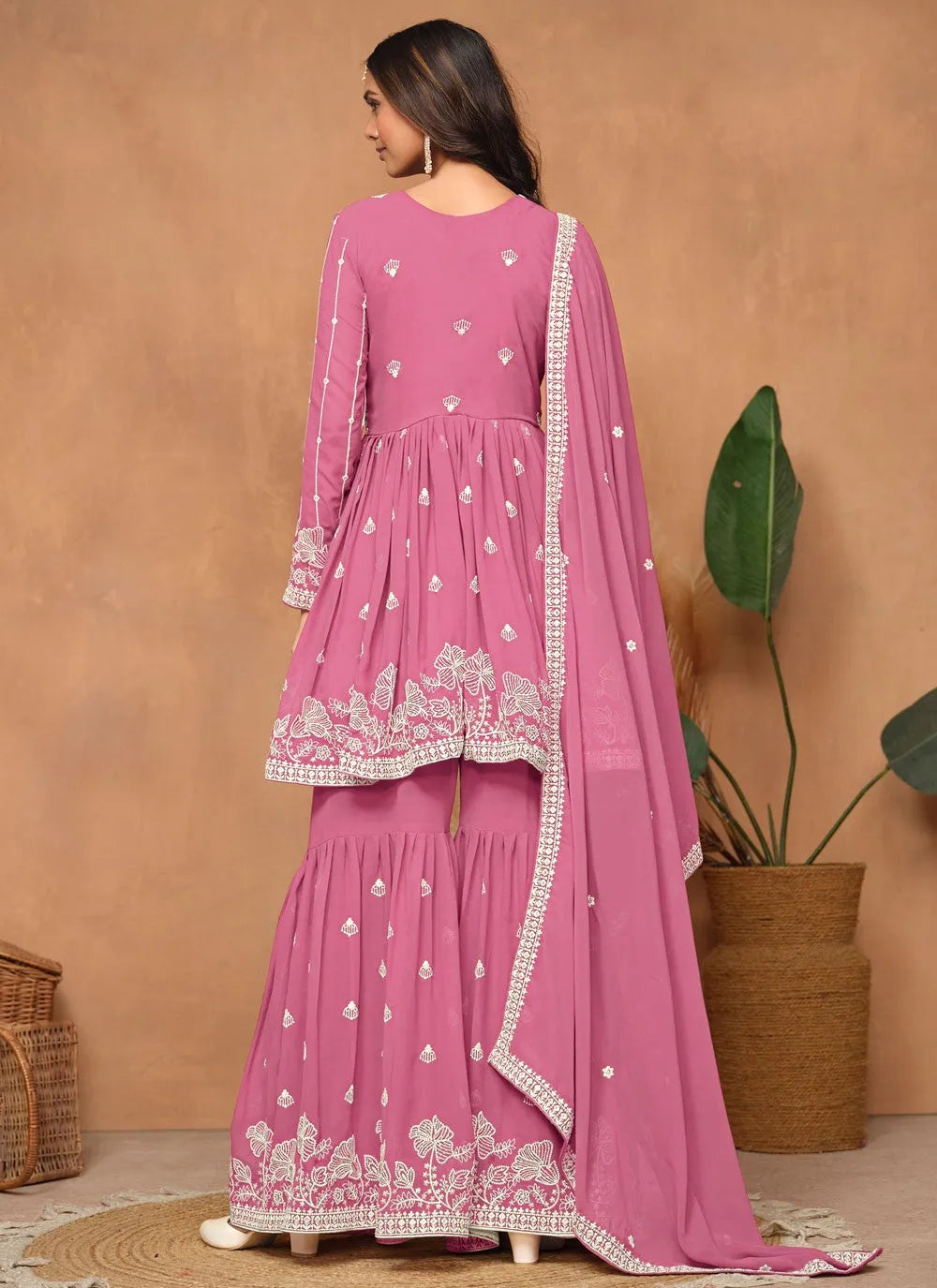 Pink Faux Georgette Sequins Embroidered Designer Top Sharara Suit Clearance Best