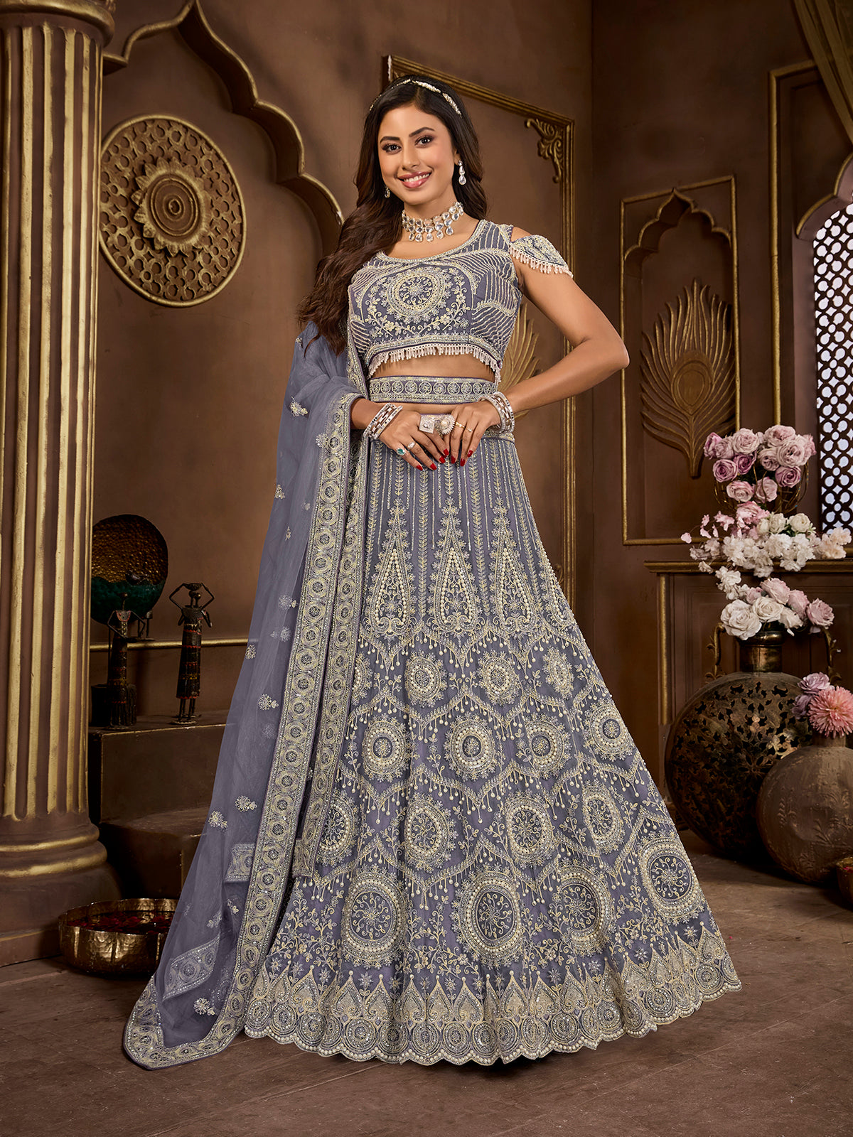 Gorgeous Pearls Worked Dark Grey Bridal Lehenga Choli Clearance Manchester